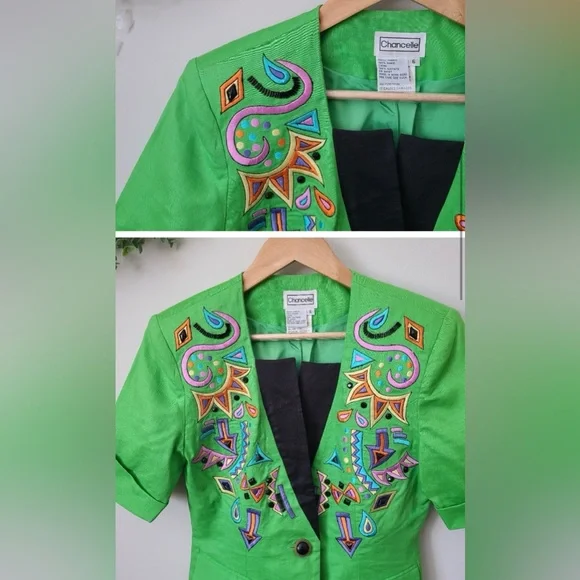 Vintage CHANCELLE Jacket Blazer  Fitted Green Colorful Embroidery Beaded - Picture 3 of 8